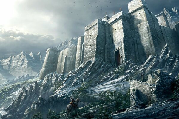 Замок в горах. Воин едет несмотря на снег