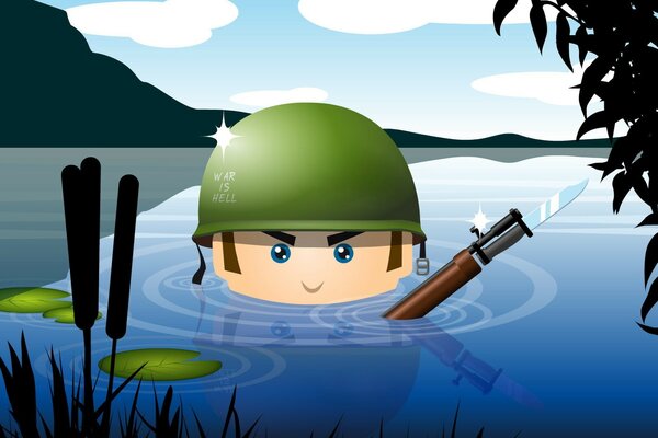 Cartoon Soldat unter Wasser in einem Helm