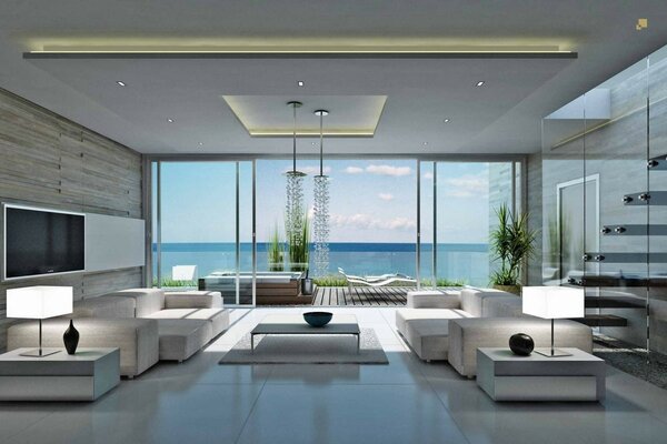 Modern design of the white living room minimalism
