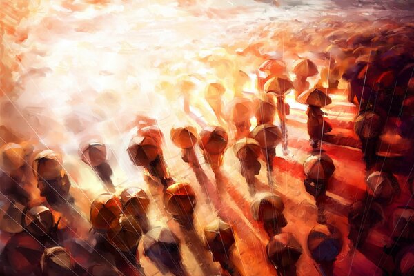 A crowd of people with umbrellas is illuminated by the sun