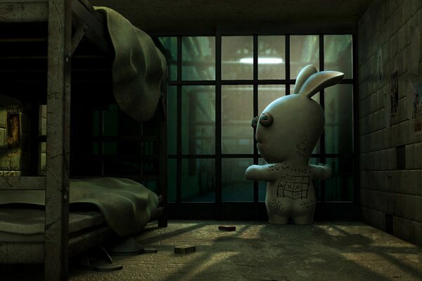 Animowany królik siedzący w więzieniu
