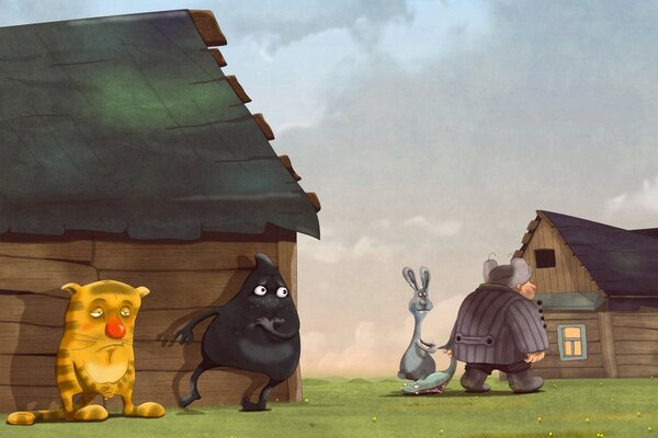 Hombre y animales en el pueblo de dibujos animados