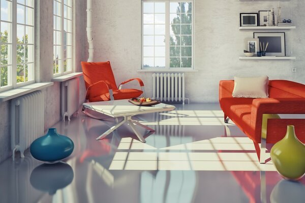 Diseño moderno de la habitación con detalles en naranja