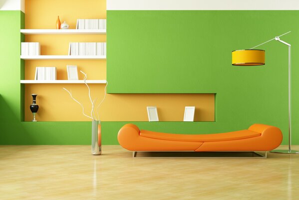 Дизайн комнаты в оранжево - зеленых тонах