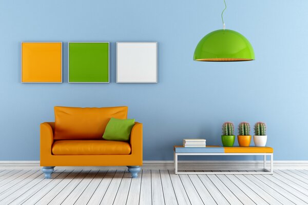 Design de salon dans les tons orange, vert et blanc