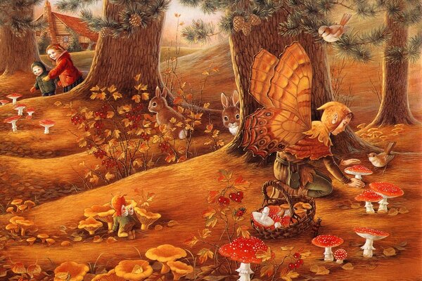Дети в волшебном лесу, эльф собирает грибы