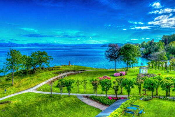 View of the sea and the mountain. Green Coast