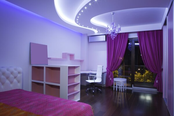 Bedroom with lilac curtains and arch