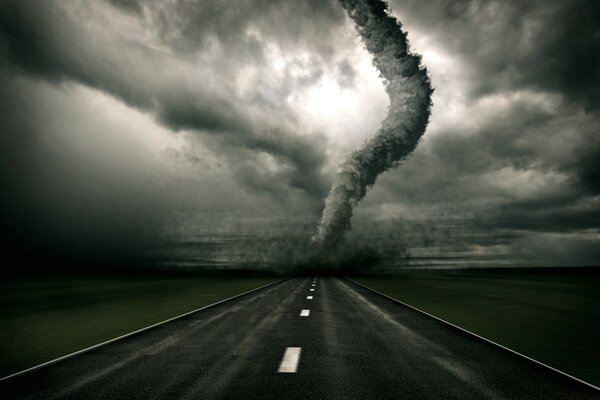 Terrorífico Tornado en la carretera en color oscuro