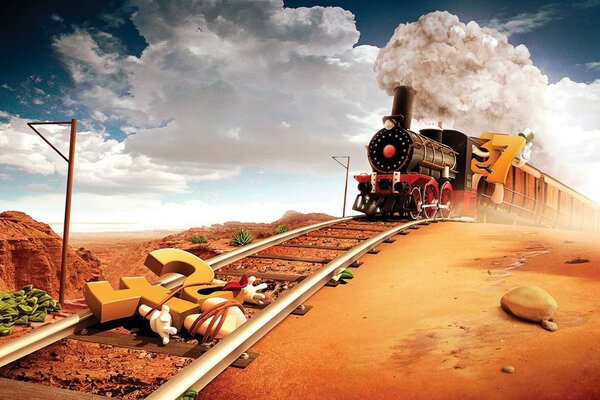 A steam locomotive and a railway in the middle of the desert. Scattered numbers
