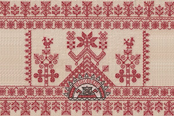 Pagan embroidery with red threads