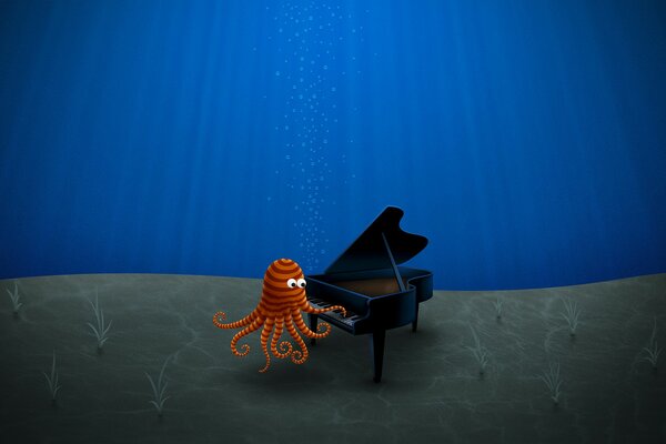 In the picture, an octopus is playing the piano at the bottom of the blue sea