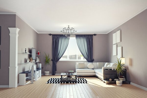 Design of a room with a large window in the middle