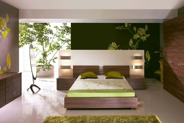 Oriental minimalism in the bedroom . Natural colors in the interior