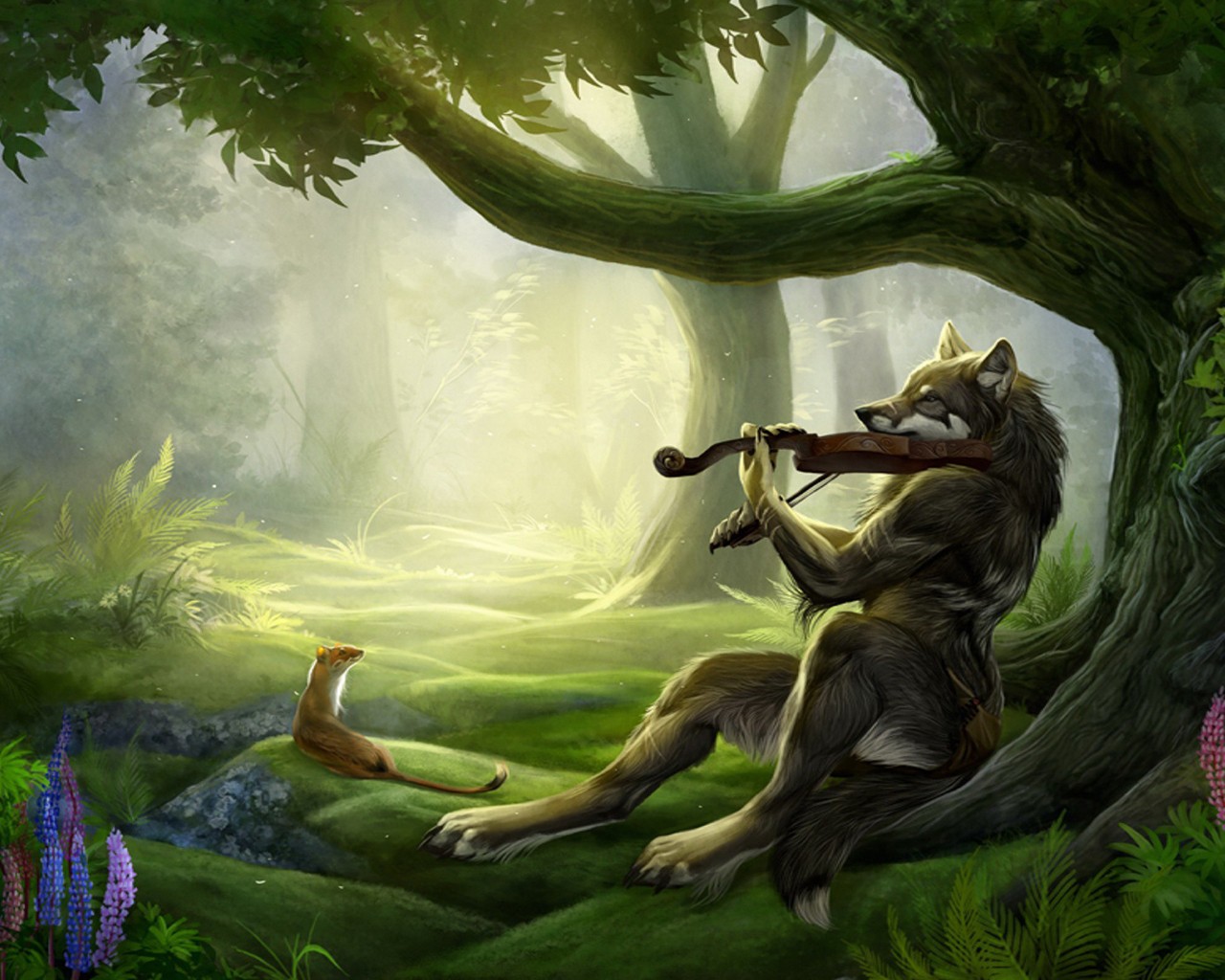 fantasía bosque amigos violinista lobo violín