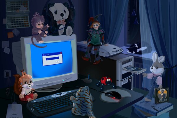 Night table with toys and computer