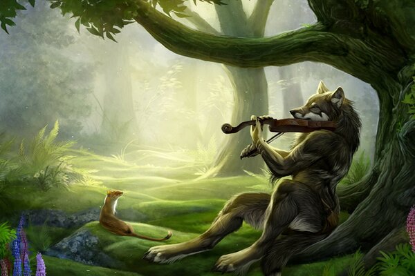 Forêt fantastique avec loup violoniste