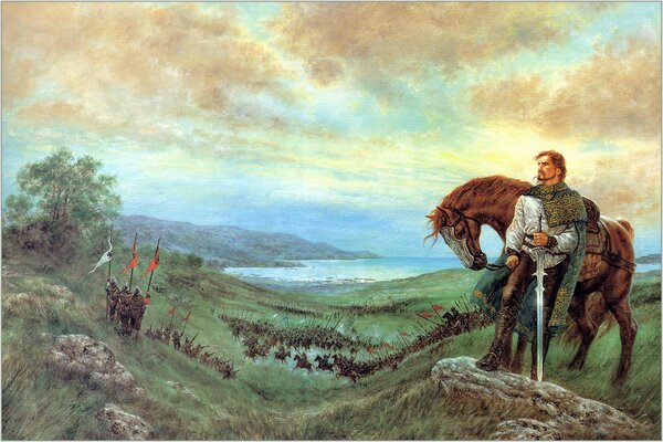 Imagen de un héroe ruso con un caballo en el campo de batalla