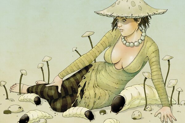 The girl is sitting surrounded by mushrooms and huge larvae