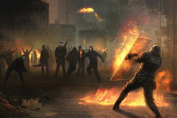 Polizist verteidigt sich gegen das Feuer der Demonstranten