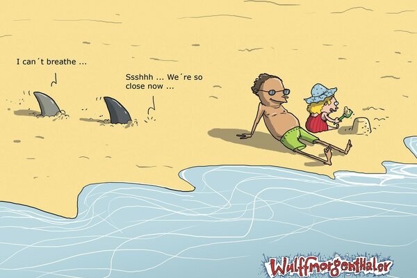 Humor cartoon how sharks scare people on the shore