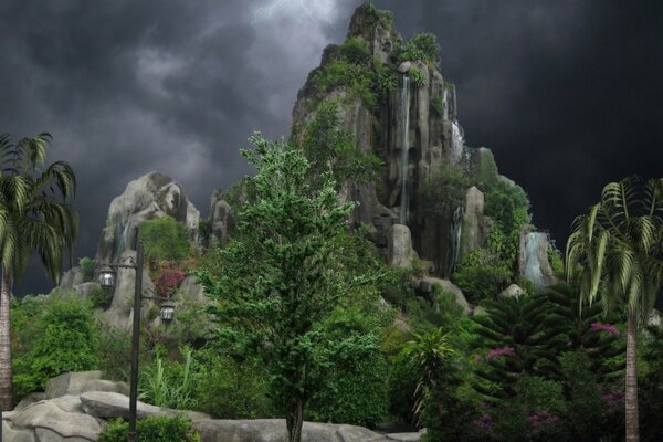 Tropical landscape with rocks and palm trees against a stormy sky