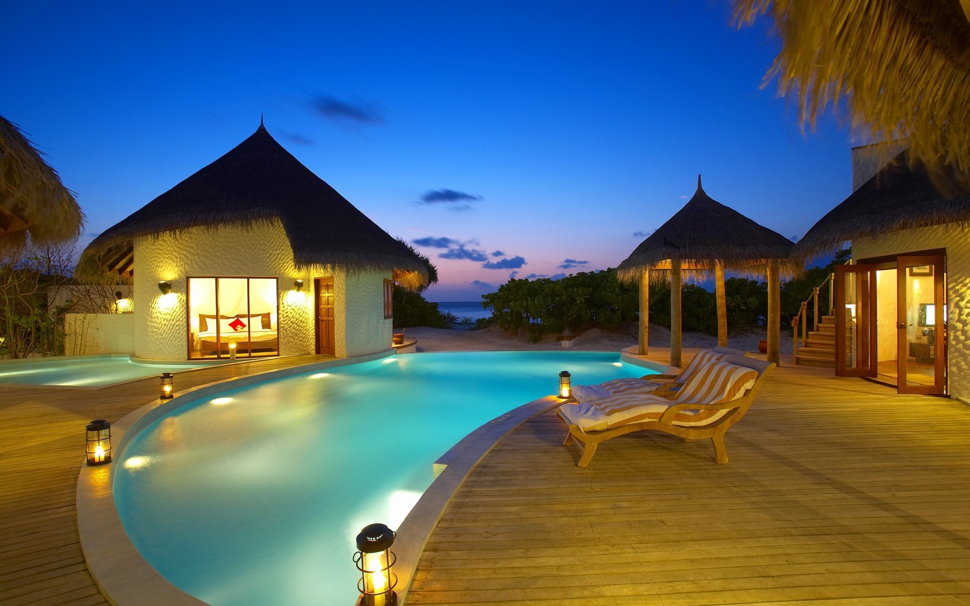 maison transats lit nuit piscine maldives