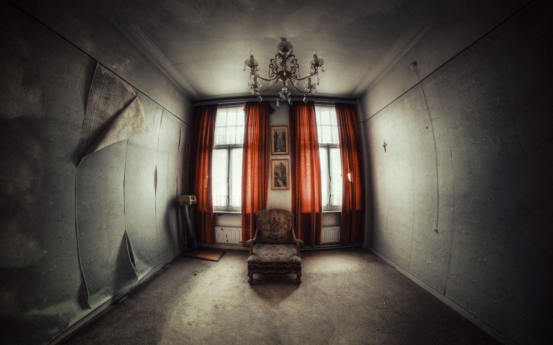 curtains window room abandonment wallpaper chair