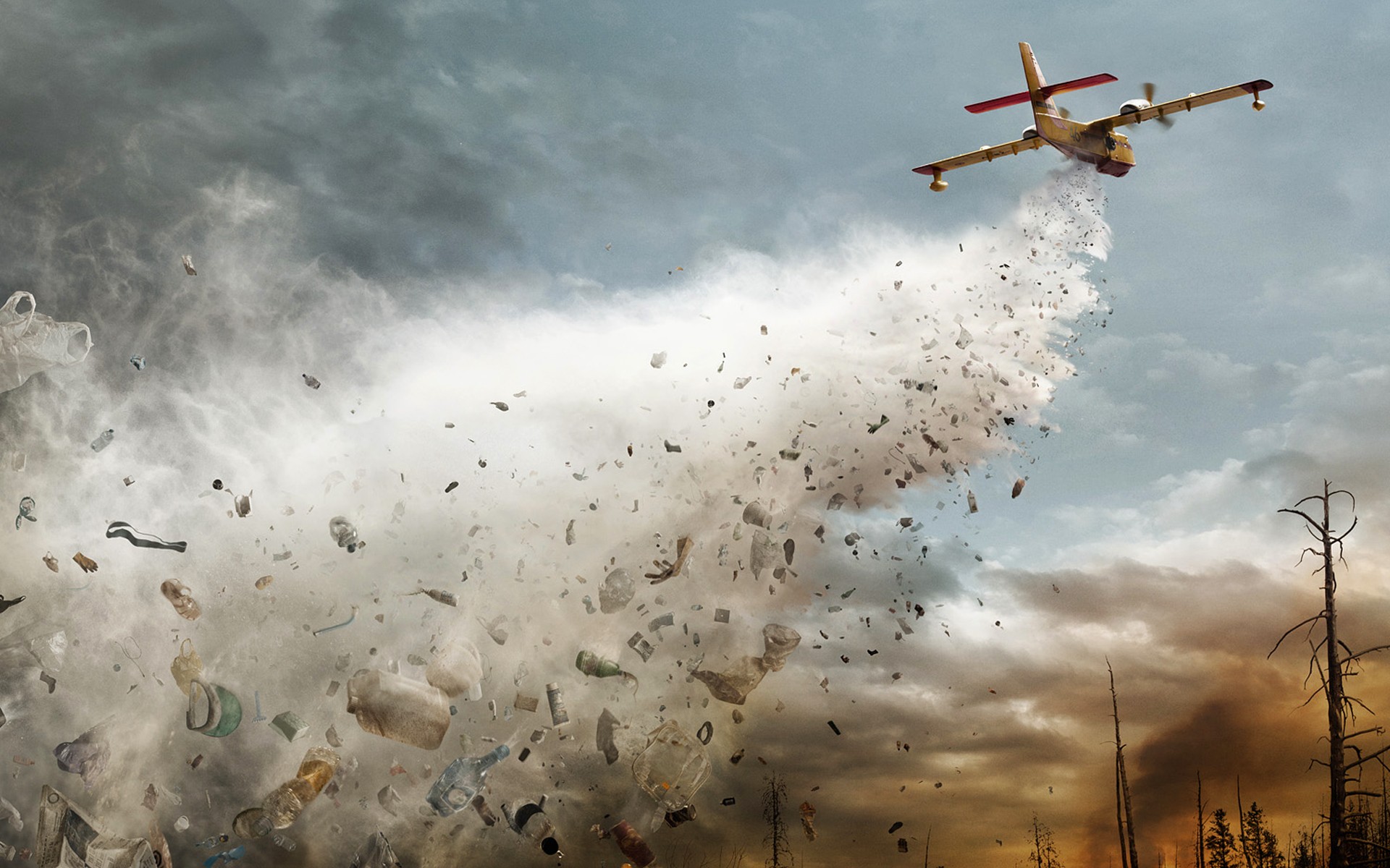 roman laurent romain laurent creativo avión fuego extinción basura volcado humor