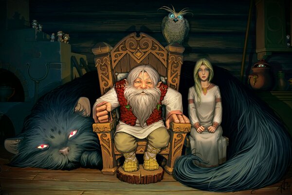 Fairy tale folklore about a woodsman, an owl cat, a brownie and his granddaughter