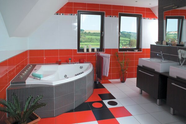 Salle de bain avec Carrelage rouge et noir