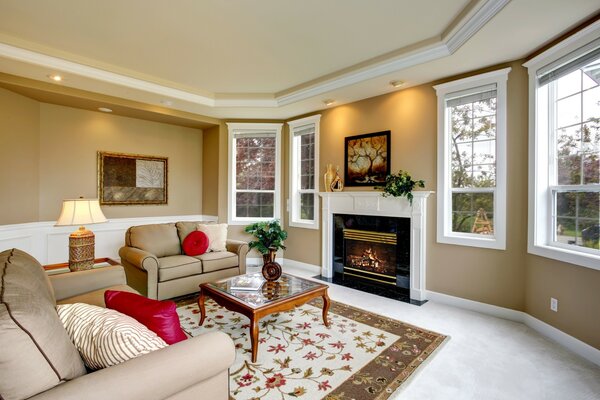 Living room in pastel colors with fireplace