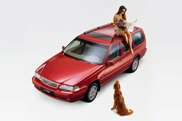 A woman is reading a newspaper on the roof of a car