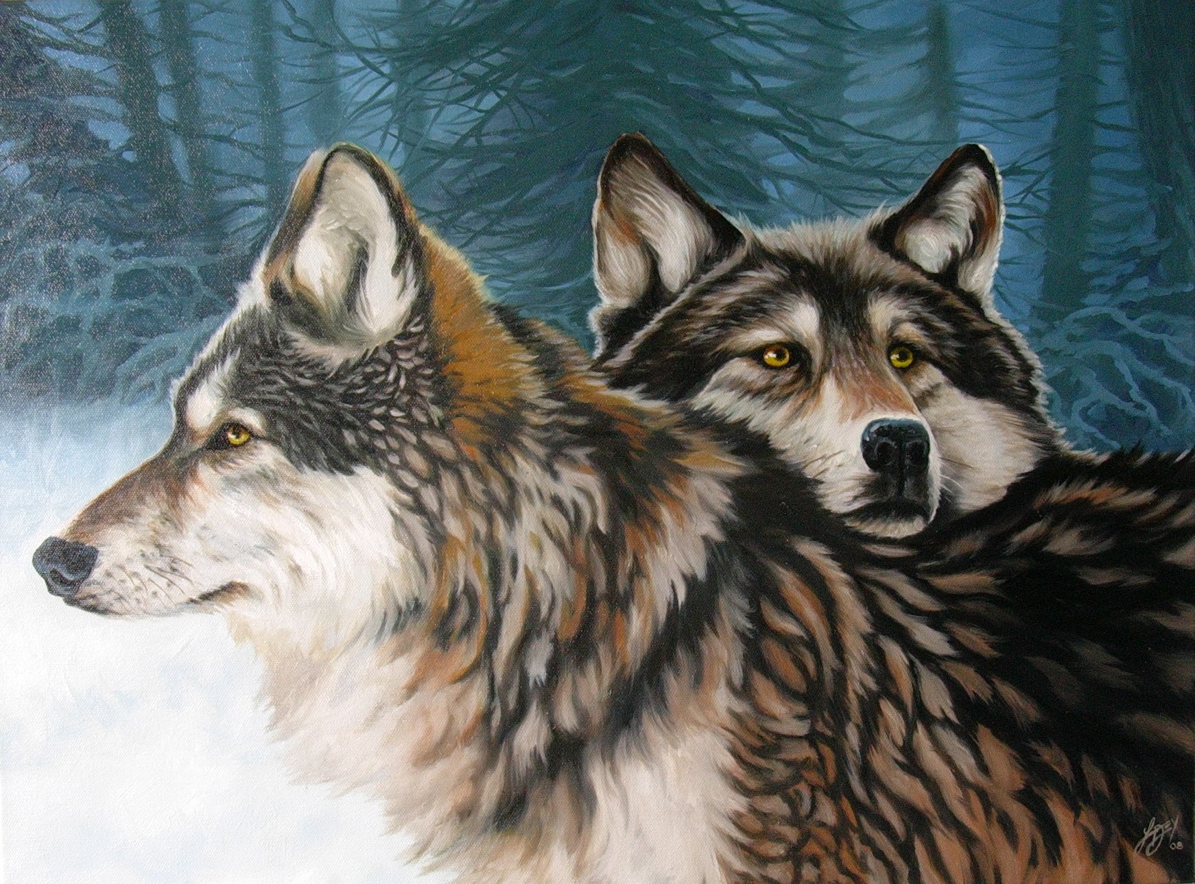 art loups forêt hiver couple fidélité