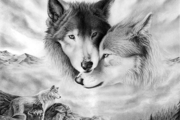 Zeichnung eines Paares von Wölfen im Blick von Liebe und Zärtlichkeit