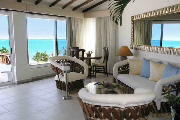 White living room with sea view