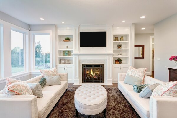 Living room design in white tones
