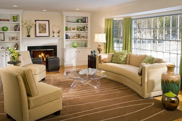 Living room with fireplace, wardrobes and upholstered furniture