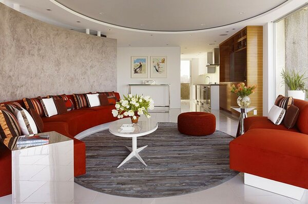 The interior of the beauty salon, decorated in red and white tones