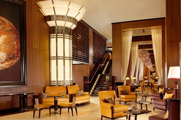 Beautiful interior of the house, tables with mustard chairs