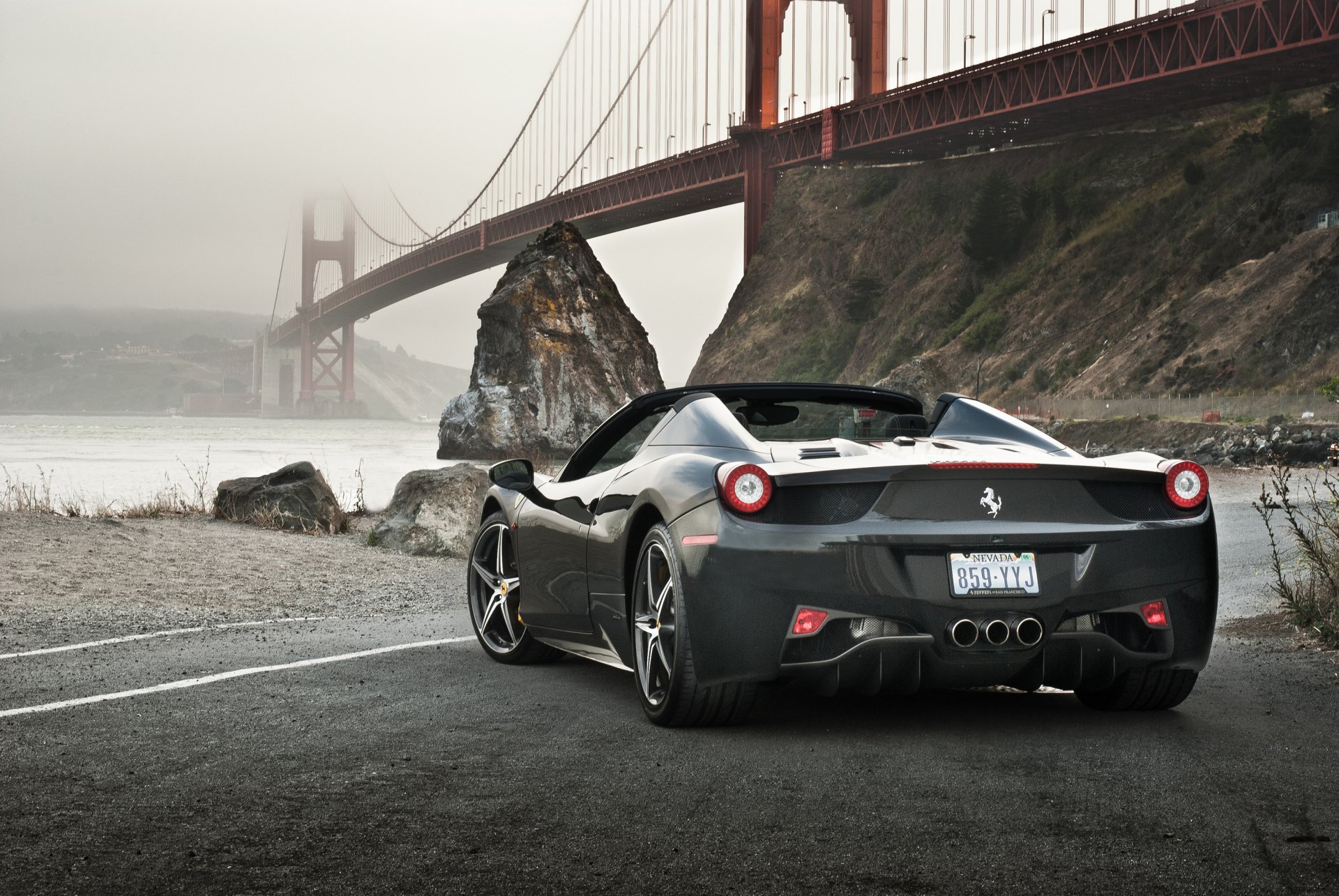 ferrari spider supercar back bridge water rock