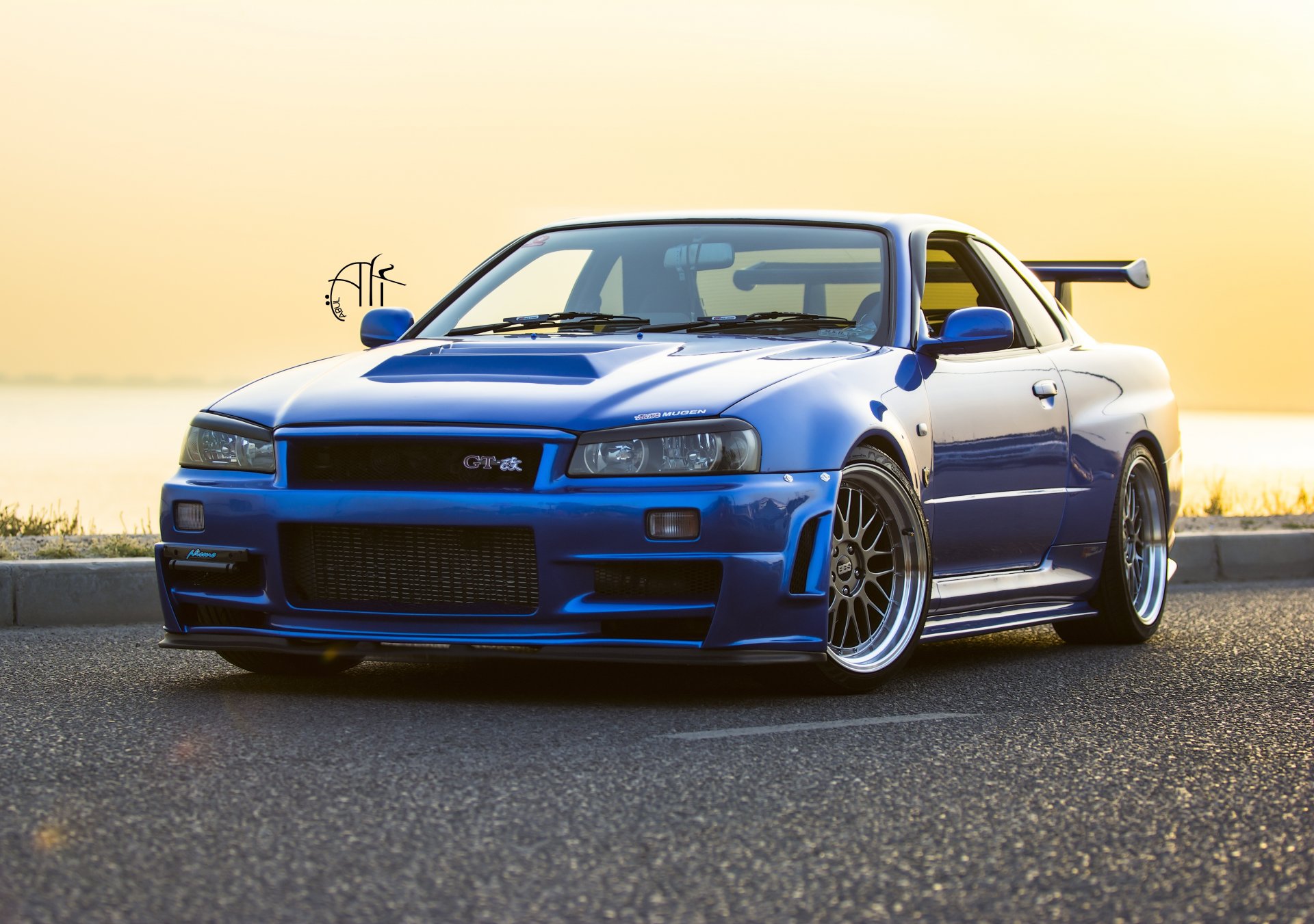 nissan nissan skyline sky gtp r34 v-spezifikation 2 v-spezifikation blau auto nismo nürburgring mugen bbs scheinwerfer stoßstange sonnenuntergang straße