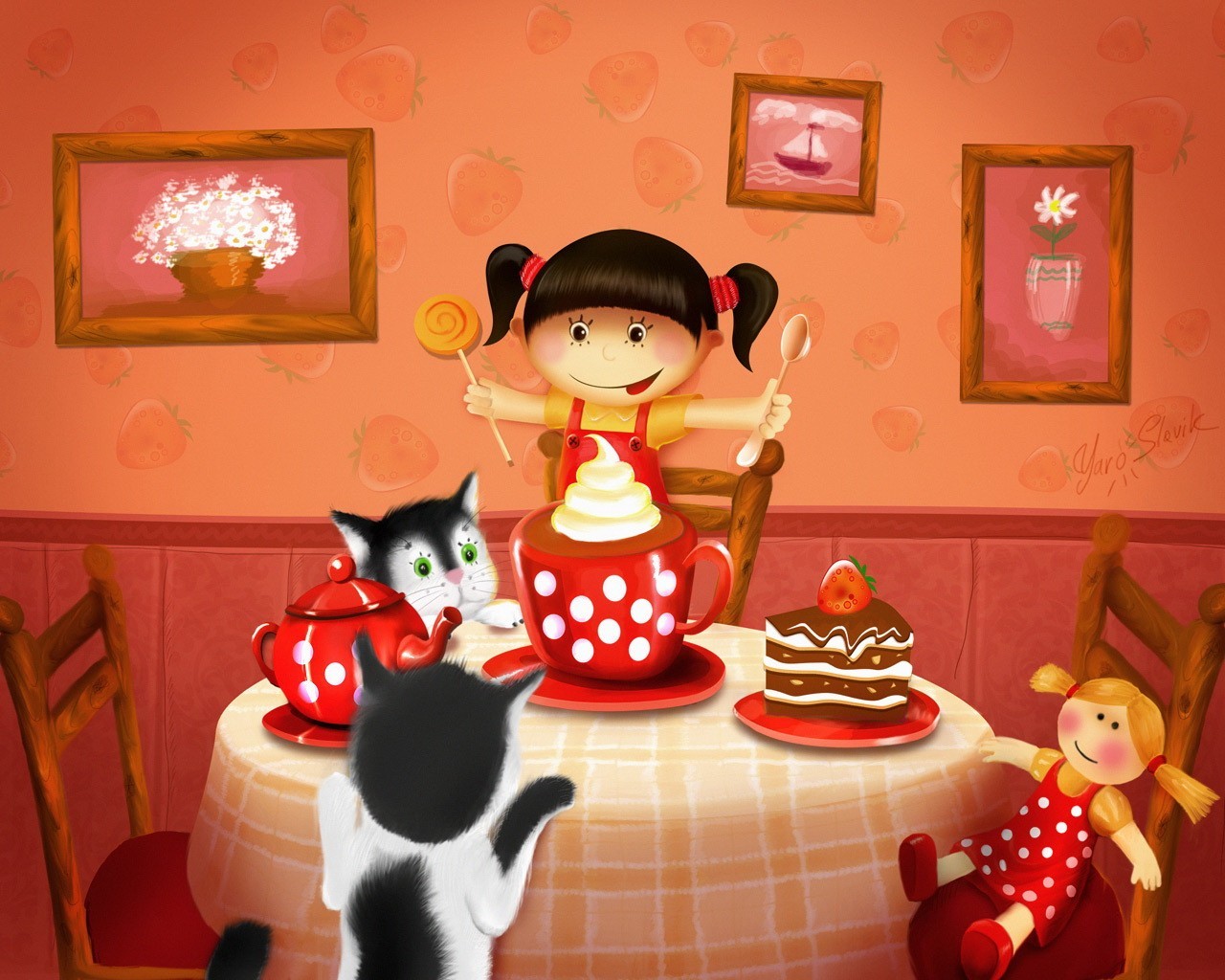 drawing paintings girl cats pie cake tea doll sweets table