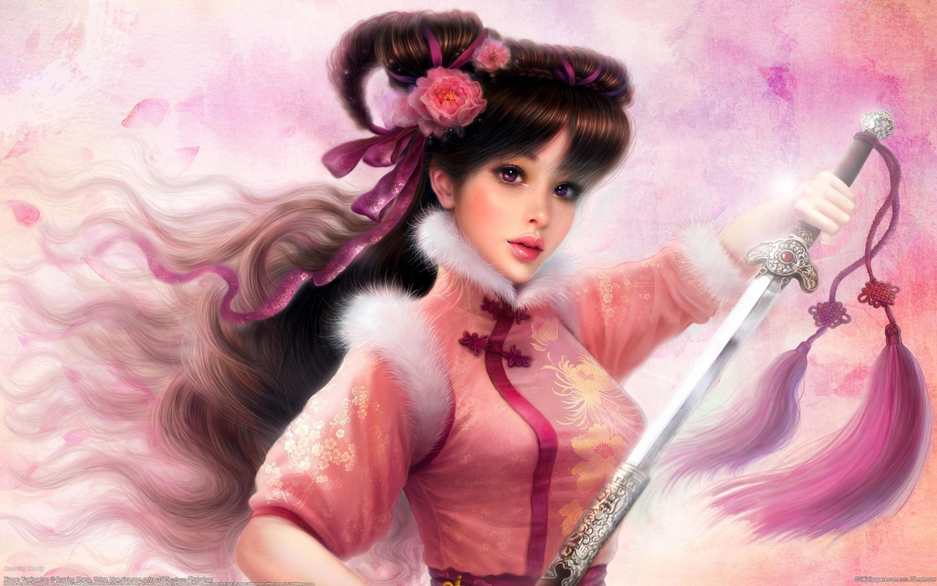 flowers ruoxing zhang sword brush girl fur art