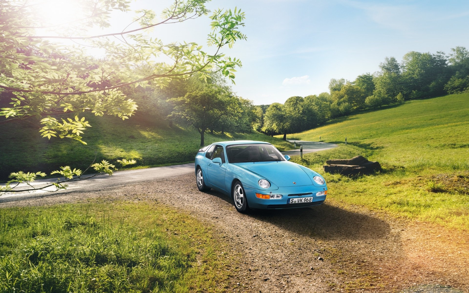 porsche coupe 1991 porsche przód droga drzewa niebo