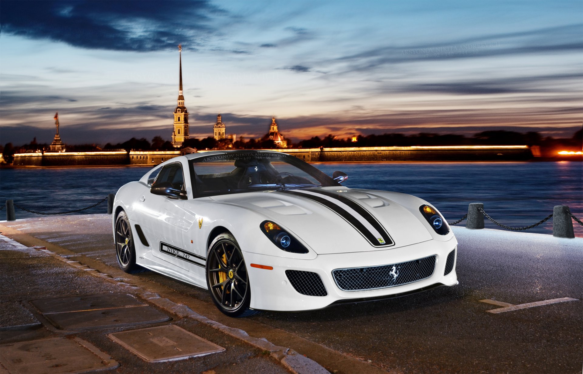 ferrari 599 gto 2 room sports car supercar river embankment night light