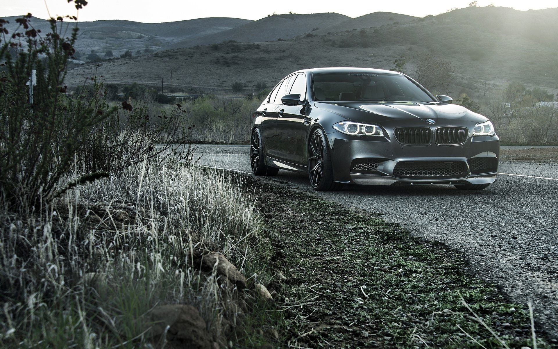 bmw m5 f10 black bmw front view road turn curb gra