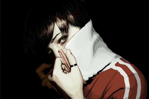 Image of a girl covering her face with a white collar