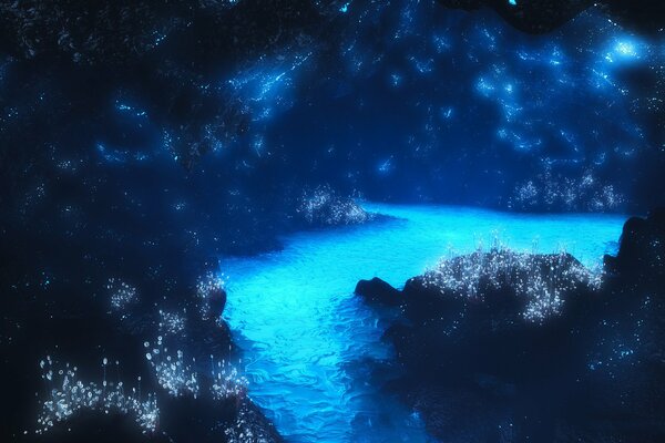 Un río azul brillante en una cueva