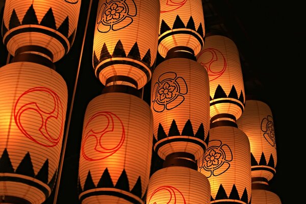 Image of yellow Japanese paper lanterns in the evening